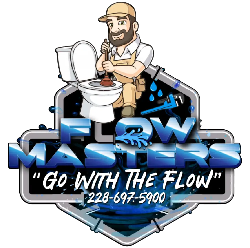 Flow Masters logo: cartoon plumber with a plunger seated on a toilet above a chrome hexagon badge